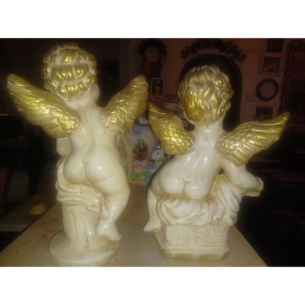 Ceramic Angels Pair White Glazed Antiqued Gold Wings - Picture 8 of 11